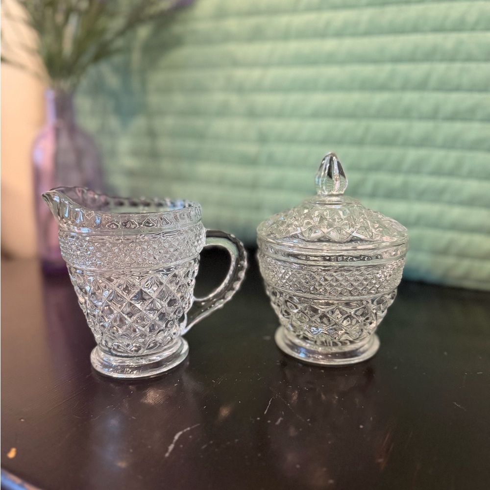 Ancho Hocking Wexford Pressed Glass Creamer and Covered Sugar Set - Clear Glass
